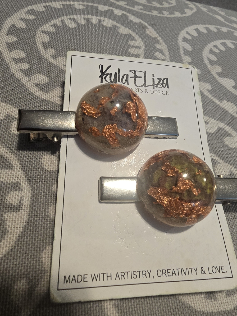 Handmade Resin Hair Clips with Copper Leaf Accents